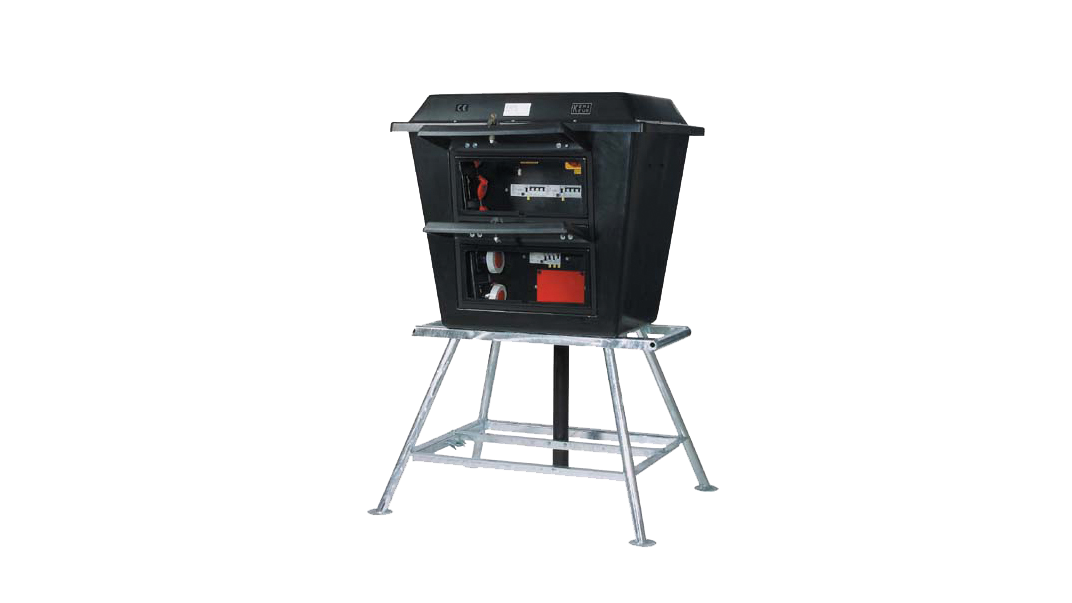 Stroompaddenstoel als bouwmeterkast 63A met een volrubber behuizing en op een stalen frame.